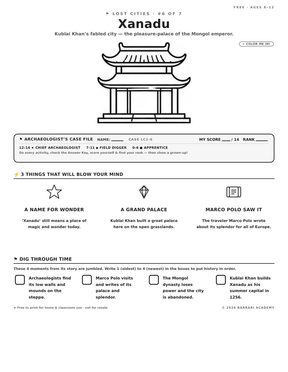 The free Xanadu worksheet — fun facts and activities