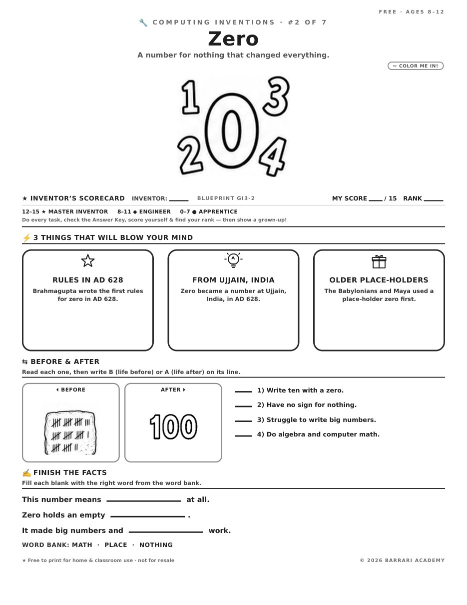 The free Zero worksheet — fun facts and activities