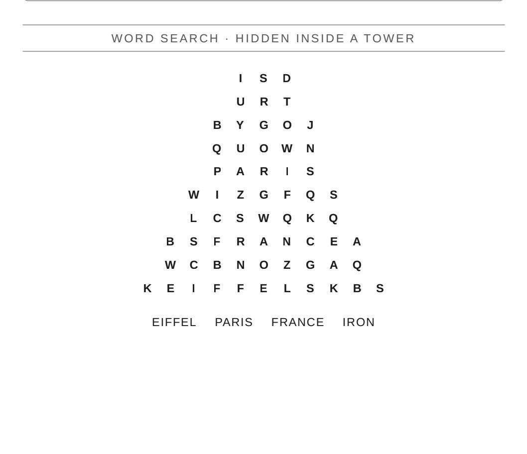 A word search shaped like the Eiffel Tower