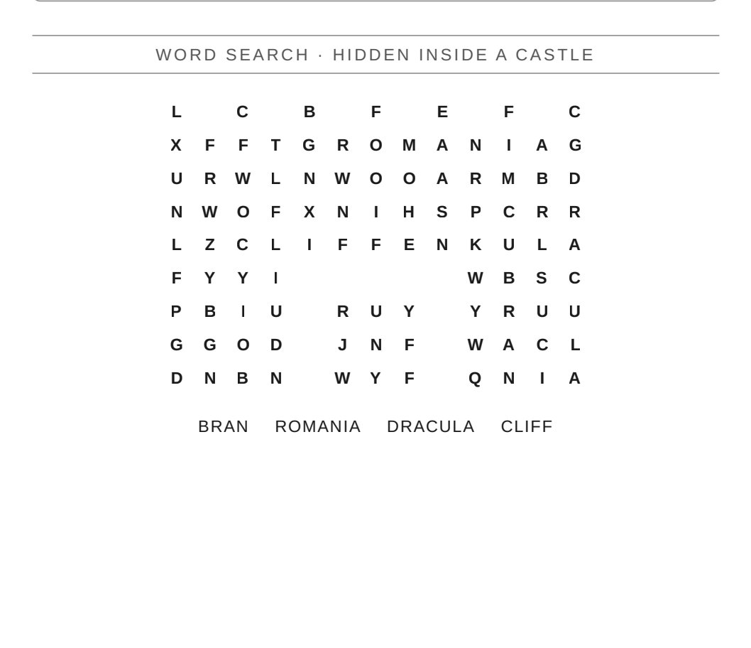 A word search shaped like Bran Castle