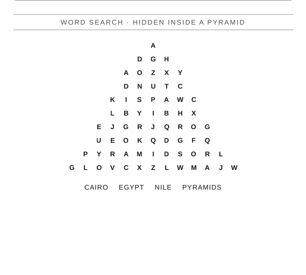 A word search shaped like the pyramids of Cairo