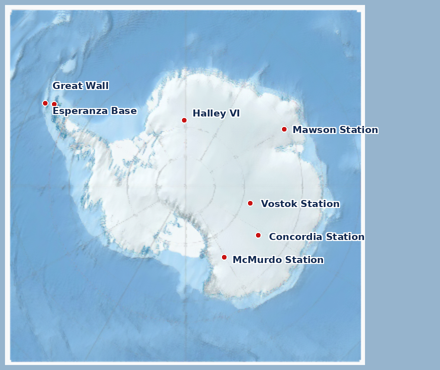 All 7 research stations on the map of Antarctica